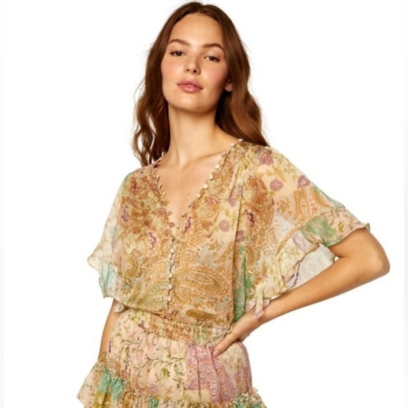 MISA Chiffon Floral Paisley Patchwork Flutter Short Sleeve Button Front Top XS - Picture 4 of 11